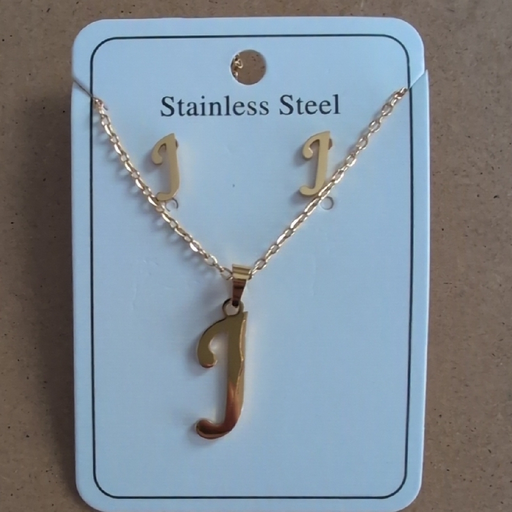 Gold 'J' Initial Necklace and Earring Stainless Steel Set
